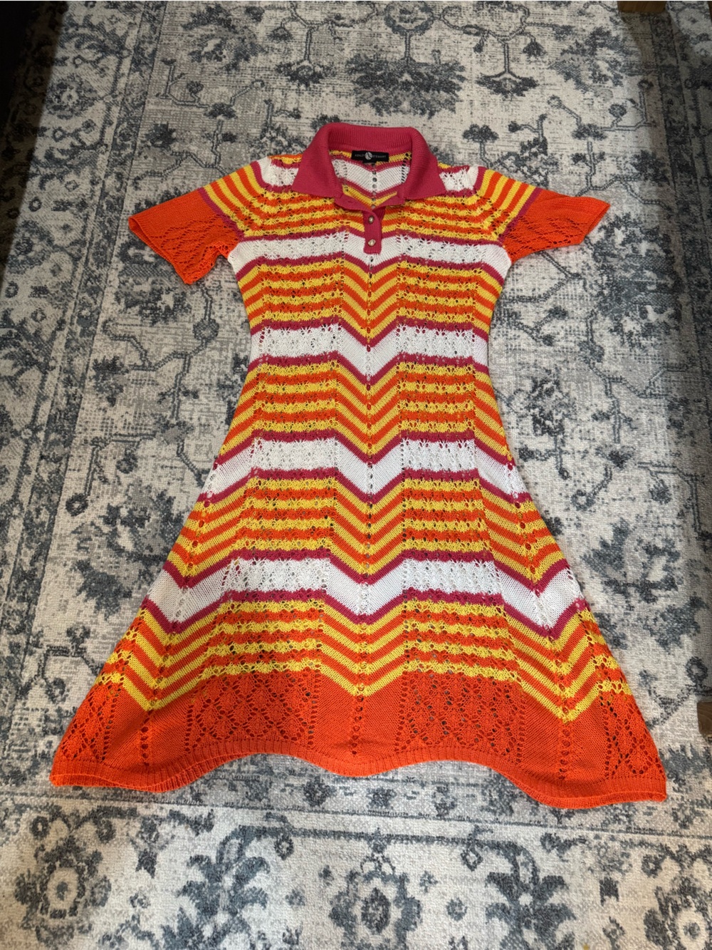 Ashley Stewart Pink, Orange, Yellow & White Striped Crochet Dress